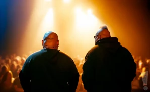 a rear view photo of nb ridaz performing a concert on stage to a lively audience
