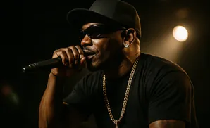 A man in a black t-shirt, baseball cap, and sunglasses raps into a microphone, adorned with a gold chain and earrings.