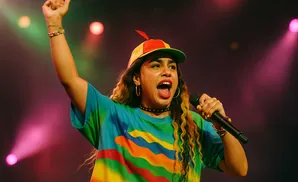 A woman with curly hair wears a colorful shirt and cap, singing into a microphone with her fist raised.