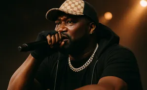 A Black man wearing a Gucci hat and a diamond chain sings into a microphone.