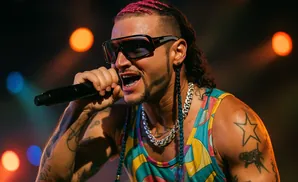 Rapper Lil Pump performs on stage wearing a colorful tank top and sunglasses.