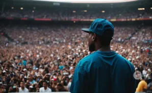 Man in blue hat and shirt facing a large crowd at a concert or stadium.