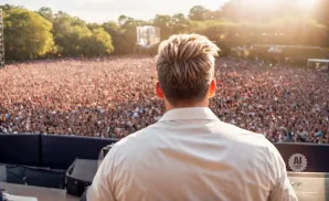 Back of person in light shirt facing a large, blurred crowd at an outdoor concert with bright sunlight.