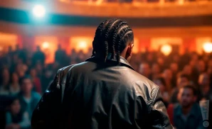 a rear view photo of t i  tip harris performing a concert on stage to a lively audience