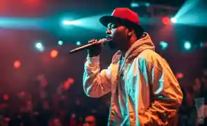 photograph of veeze performing live on stage at a hip-hop concert