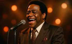 A Black man in a brown suit laughs while singing into a microphone, with warm, blurred lights in the background.