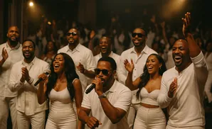 A group of Black people in white outfits singing and smiling.