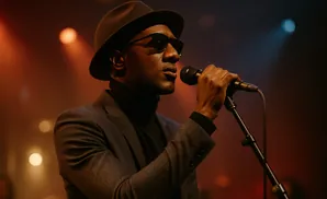 A Black man in a hat and sunglasses sings into a microphone on a dimly lit stage.
