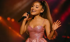 Ariana Grande sings into a microphone on stage, wearing a pink dress.