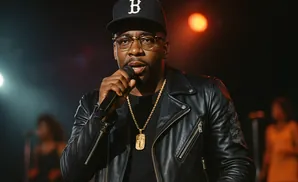 Man in a black leather jacket and cap sings into a microphone, wearing a gold chain.