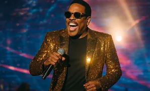 A man in a gold sequined jacket and sunglasses sings into a microphone on a colorful stage.