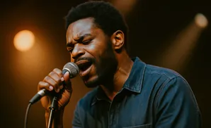 A Black man with a beard sings into a microphone on a dimly lit stage.