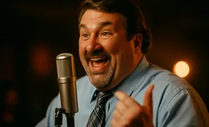Man in a light blue shirt and striped tie speaking animatedly into a microphone.