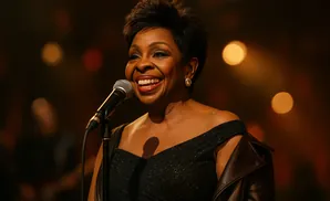 Gladys Knight smiles while singing into a microphone, wearing a black dress and a leather jacket.