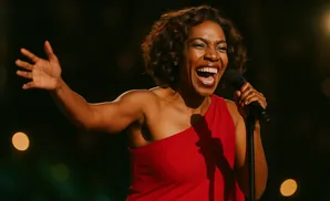 A Black woman in a red dress sings into a microphone on stage, her arm raised.