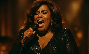 Singer with mouth open, holding a microphone and wearing a sparkling black dress.