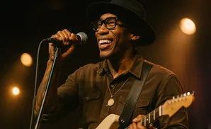Musician in a hat and glasses singing into a microphone while playing a guitar.