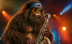 Bigfoot in sunglasses and a bandana plays a saxophone on a colorful stage.