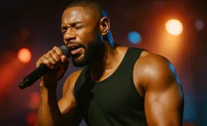 A Black man in a black tank top sings into a microphone with his eyes closed.