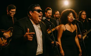 A band performs on stage, with lead singers in the foreground and musicians behind them.