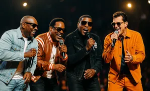 Four men singing into microphones on stage, wearing sunglasses and stylish outfits.