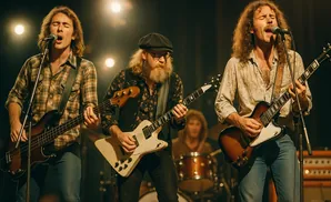 Three men playing guitars and singing on stage with stage lights.