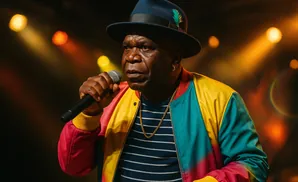 A Black man in a colorful jacket and fedora sings into a microphone.