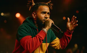 A rapper performs into a microphone, wearing a colorful hoodie and jewelry.