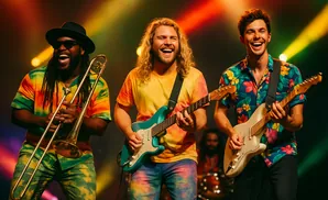 Band of three musicians with guitars and a trombone, all wearing colorful tie-dye clothing and smiling.