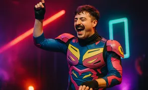 A DJ in a vibrant, futuristic costume points up with a gloved hand while laughing.