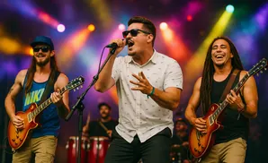 A band performs on stage with a singer in the center, flanked by two guitarists.