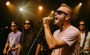 A band performs live, with the lead singer in the foreground singing into a microphone.