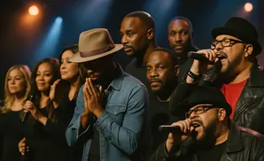 A diverse group of singers, some with microphones, perform on stage with warm lighting.