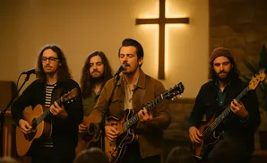 A band plays music in front of a glowing cross, with a guitarist in the foreground.