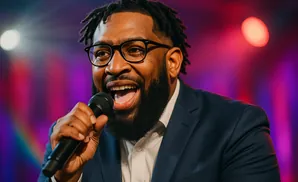 Man with dreadlocks, glasses, and a beard sings into a microphone on a stage with colorful lighting.
