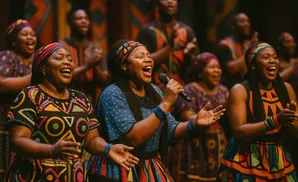 A choir of Black people in colorful, patterned clothing sings enthusiastically.