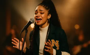 Singer with eyes closed, mouth open, singing into a microphone, wearing a green jacket with 