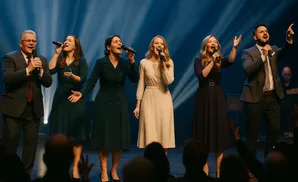 A group of six singers performs on stage, holding microphones and wearing formal attire.