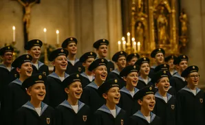 Boys choir in navy uniforms and sailor hats sing in a church with candles and a crucifix.