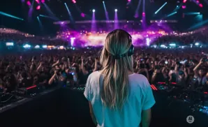 DJ with headphones on, facing a large crowd at a concert with purple stage lights.