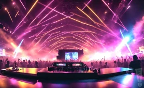 a rear view photo of atliens performing a concert on stage to a lively audience