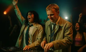 Two DJs, a man and a woman, in trench coats and ties, with a crowd dancing behind them at a club.