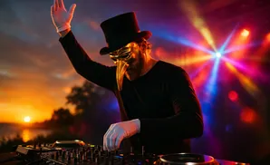 DJ wearing a plague doctor mask and top hat at a console with sunset and colorful lights.