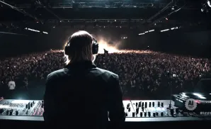 DJ with headphones facing a massive cheering crowd in a dark, smoky venue.