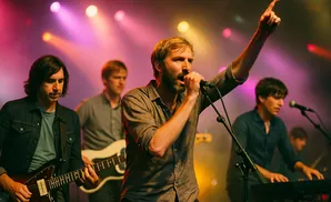 A band performs on stage with bright stage lights. The lead singer holds a microphone and points up.