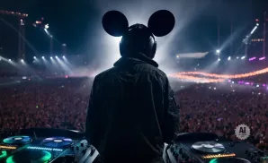 DJ wearing Mickey Mouse ears stands at a console in front of a cheering crowd at a concert.