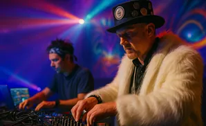 DJ in a fluffy white coat and a hat with coins on it, operating a soundboard with another DJ in the background.