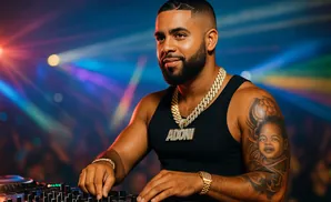 DJ with a tattooed arm, wearing a tank top and gold chains, mixing music at a console with colorful lights.