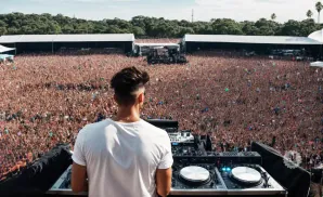 DJ playing for a massive crowd at an outdoor music festival.