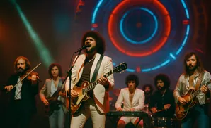 A band performs on stage with a guitarist singing and playing a Gibson Les Paul guitar.